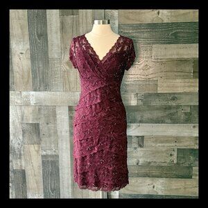Blu Sage cranberry red lace dress size 12 floral beaded formal cocktail party